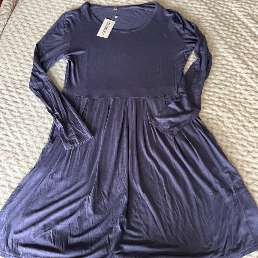 NWT AUSELILY Long Sleeve Swing Dress Purple Blue Rayon Spandex Size XL